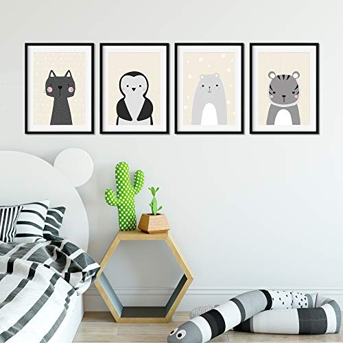 Golden Posters Juego de 4 pósteres para habitación infantil, diseño de animales, gato, oso, tigre, pingüino, arena DIN A4