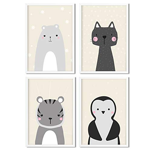 Golden Posters Juego de 4 pósteres para habitación infantil, diseño de animales, gato, oso, tigre, pingüino, arena DIN A4