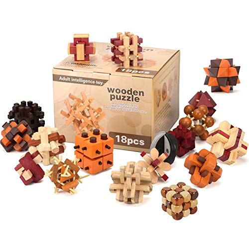 Gracelaza 18 Piezas Juguetes Rompecabezas de Madera Caja Set - IQ Juguete Educativo - 3D Brain Teaser Puzzle de Madera - Juego Niños y Adolescentes