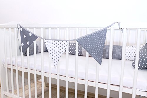 Guirnalda de banderines de ULLENBOOM ® con estrellas grises (guirnalda de tela: 1,25 m; 3 banderines; decoración para la habitación de los niños; fiestas de bienvenida para bebés)