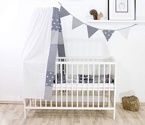 Guirnalda de banderines de ULLENBOOM ® con estrellas grises (guirnalda de tela: 1,90 m; 5 banderines; decoración para la habitación de los niños; fiestas de bienvenida para bebés)