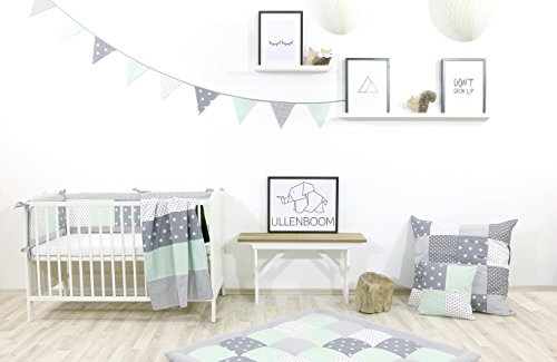 Guirnalda de banderines de ULLENBOOM ® con menta gris (guirnalda de tela: 1,25 m; 3 banderines; decoración para la habitación de los niños; fiestas de bienvenida para bebés)
