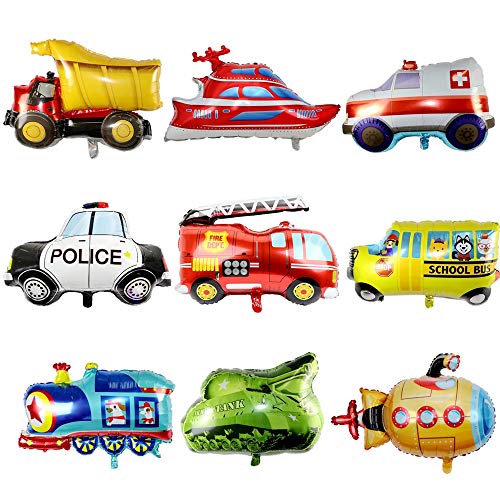 Haosell Pack de 9 globos con forma de coche para fiestas de niños, con temática de vehículos de construcción, fuego, coche de policía, vehículos, excavadoras, tren