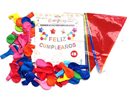 HC enterprise Guirnalda Feliz cumpleaños,Bandera Fiesta triángulo multiclor y 50 Globos Fiesta