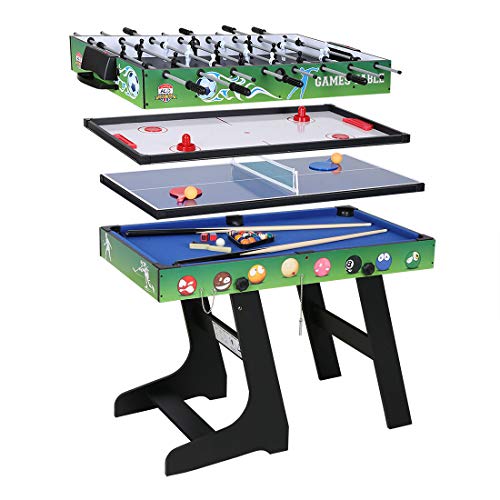 hj 4 en 1 Mesa de Juegos Multisport Combo Mesa de Billar / Hockey / Mesa de Ping-Pong / Futbolín con Patas Plegables 4 Pies Negro - Verde (Verde)