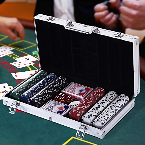 HOMCOM Maletín de Poker Profesional con 300 Fichas y 2 Barajas Juego Set de Poker Casino Aluminio 5 Dados, 2 Barajas y 1 Ficha de Crupier