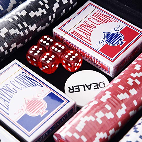 HOMCOM Maletín de Poker Profesional con 300 Fichas y 2 Barajas Juego Set de Poker Casino Aluminio 5 Dados, 2 Barajas y 1 Ficha de Crupier