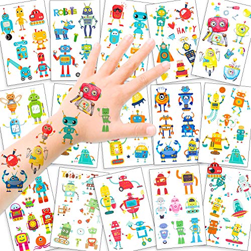 HOWAF 14 Sheets Robot Temporary Tattoos for Kids Boys, Funny Cartoon Fake Waterproof Tattoo Stickers for Children's Birthday Party Party Bag Filler Kids Party Favor Supplies