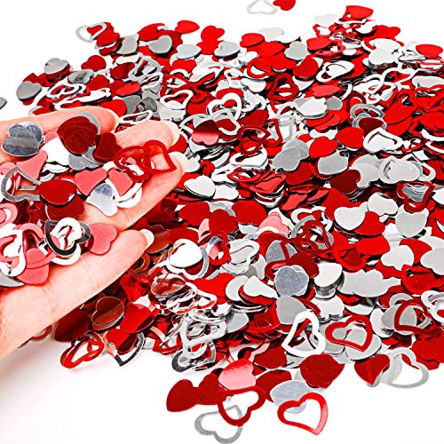 HOWAF plástico especular Amor corazón Rojo y Plateado Confeti Boda Mesa Comedor Confeti Decoración Mesa para Boda cumpleaños día San valentín Fiesta Regalos, 15 mm, 2.4 onzas