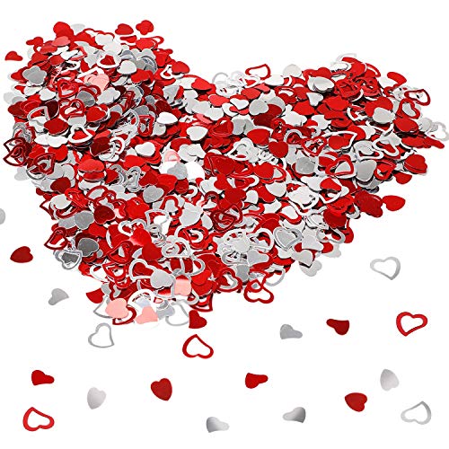 HOWAF plástico especular Amor corazón Rojo y Plateado Confeti Boda Mesa Comedor Confeti Decoración Mesa para Boda cumpleaños día San valentín Fiesta Regalos, 15 mm, 2.4 onzas