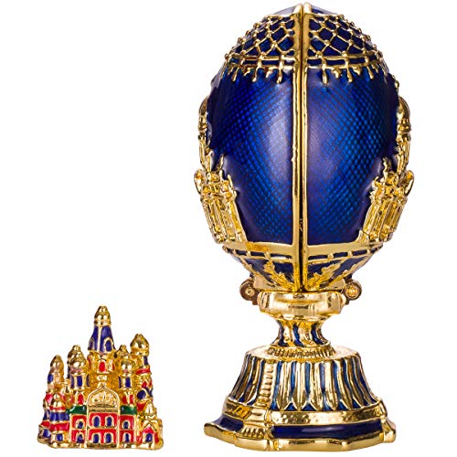 huevo ruso de Estilo Faberge con Iglesia del Salvador sobre la sangre y la Catedral de San Isaac San Petersburgo 7 cm azul
