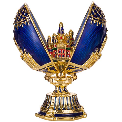 huevo ruso de Estilo Faberge con Iglesia del Salvador sobre la sangre y la Catedral de San Isaac San Petersburgo 7 cm azul