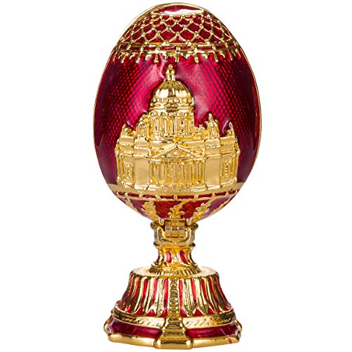 huevo ruso de Estilo Faberge con Iglesia del Salvador sobre la sangre y la Catedral de San Isaac San Petersburgo 7 cm rojo