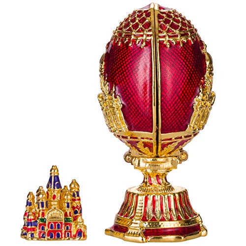 huevo ruso de Estilo Faberge con Iglesia del Salvador sobre la sangre y la Catedral de San Isaac San Petersburgo 7 cm rojo