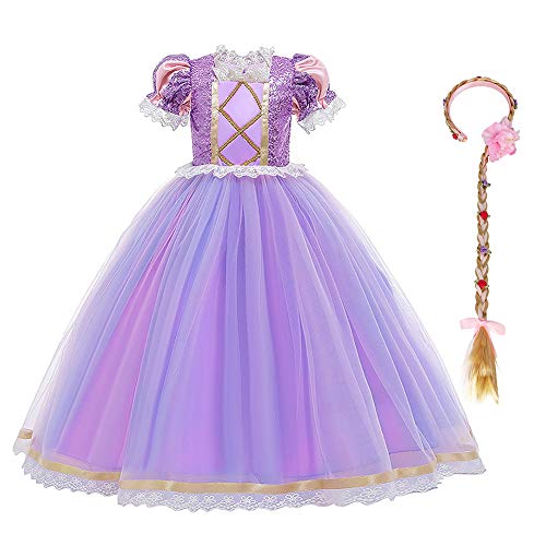 IDOPIP Disfraz de Princesa Rapunzel Niña Sofía Vestido Fiesta Carnaval Cosplay Halloween Costume para Chicas con Peluca Morado 08 5-6 Años