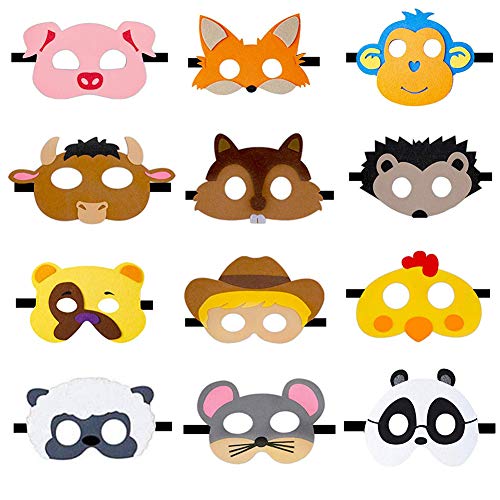 JAHEMU Mascarilla Animales Máscaras de Fieltro Animal Mask Máscaras de Cosplay Dumpleaños Navidad Halloween Fiesta Máscaras para Niños 12 Piezas