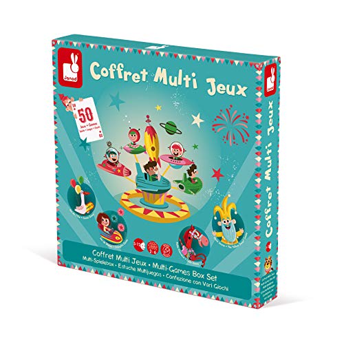 Janod - J02742 - Caja de múltiples juegos familiares clásicos con diseño de tiovivo: juego de damas, Ludo, Yellow Dwarf, juego de las 7 familias y juego de la oca para niños a partir de 5 años
