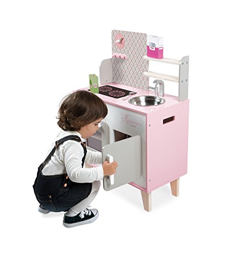 Janod - J06567 - Cocina Macaron de madera con nevera y microondas con sonido, 5 accesorios incluidos, color rosa y blanco, juego de simulación para niños a partir de 3 años