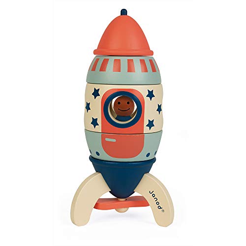 Janod- Kit de imanes Cohete Lucky Star de Madera para Montar 5 piezas-16 cm-Juego de construcción magnética y manipulación-A Partir de 2 años (JURATOYS J05222)