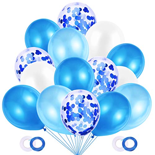 JOJOR Globos Azules y Blancos,60 Piezas Azul Globos con Confeti para Bebe 1 Año Cumpleaños,Niño Bautizos Comunion Baby Shower Azul,Bodas Aniversario Graduacion Fiesta Arco Decoracion