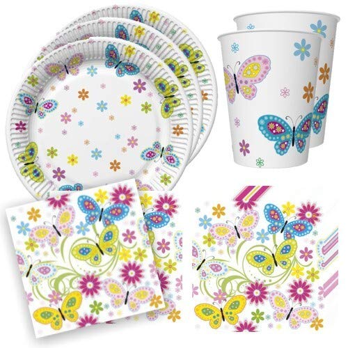 Juego de 36 piezas de decoración de mesa con flores y mariposas para niños y adultos – 8 platos, 8 vasos, 20 servilletas de 33 x 33 cm