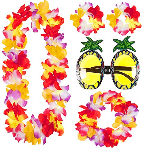 Juego de 6 faldas hawaianas con guirnaldas Lei y gafas de piña a elegir entre paja o varias faldas, para verano, playa, tropical, disfraz de fiesta