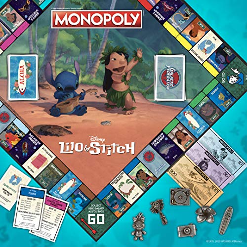 Juego de mesa Monopoly Disney Lilo & Stitch | Basado en la película animada de Lilo y Stitch de Disney, juego de mesa Monopoly coleccionable