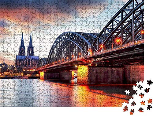 Juegos de rompecabezas de 1000 piezas para la familia de la catedral de Colonia y el puente Hohenzollern al atardecer-Noche-Rompecabezas clásico para adultos de madera grande