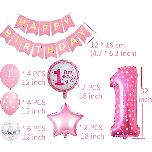 Juland Kit de Decoraciones para niña de 1er cumpleaños Suministros para la Primera Fiesta Rosa - Globo de Aluminio número 1, Estandarte Feliz Dorado, Estrellas y Dulces, Globos de Confetti