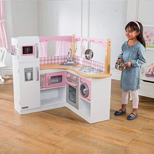 KidKraft- Cocina de juguete de madera para niños con accesorios para juegos de dramatización incluidos Grand Gourmet Corner , Color Rosa y blanco (53185)