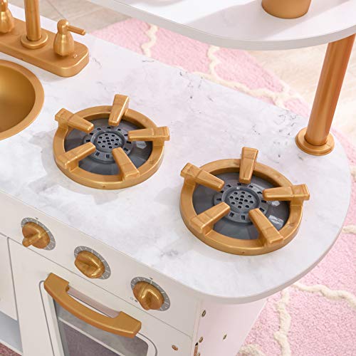 KidKraft- Cocina de juguete en color blanco (Modern White) con detalles en dorado y kit de accesorios con 27 utensilios de cocina , Color Blanca (53445)