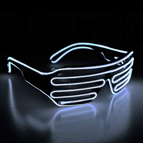 KingCorey Light Up Flashing Shutter Gafas de neón Rave Gafas de Sol El Wire LED Gafas de Sol activadas por Voz Disfraces de DJ para los 80, EDM, Fiesta (Blanco)