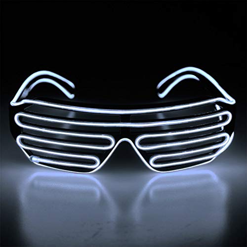 KingCorey Light Up Flashing Shutter Gafas de neón Rave Gafas de Sol El Wire LED Gafas de Sol activadas por Voz Disfraces de DJ para los 80, EDM, Fiesta (Blanco)