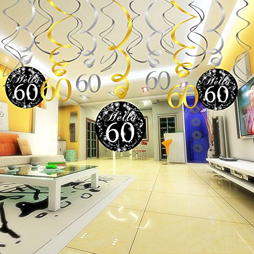 Konsait 60 cumpleaños Negro Colgar Remolino decoración de Techo (15 Cuentas), Feliz cumpleaños & 60 Mesa Confeti (1.05 oz) para Decoraciones de 60 cumpleaños Mujer Hombre