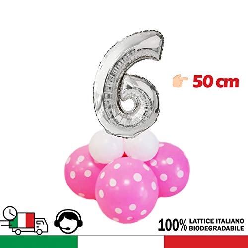 KREA Juego de centro de mesa con globos de números inflables para cumpleaños de 6 años, color rosa con forma de nube, decoración creativa, para niños y adultos, instrucciones en italiano