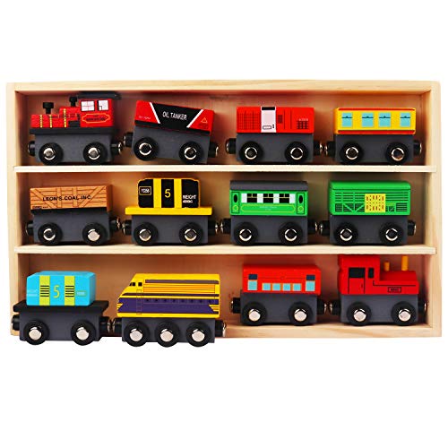Kurtzy Trenes de Madera Imantados (13 Piezas ) Set - 12 Trenes con 1 Estuche de Madera - Accesorio de Set de Trenes, Colección de Trenes de Juguete de Madera para Niños y Niñas