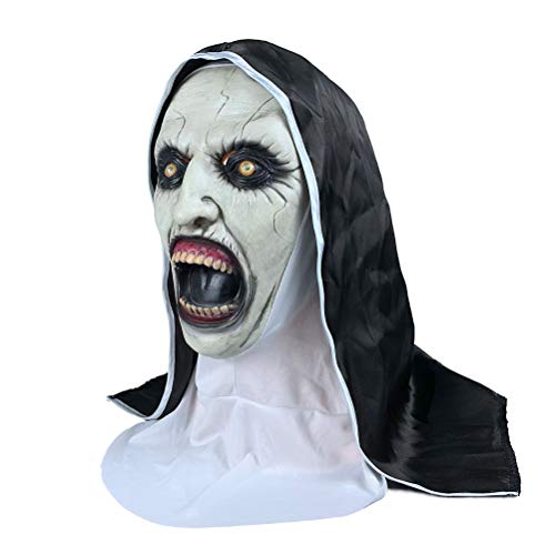 La máscara de terror de monja, Cosplay Scary Latex Masks Disfraz de Halloween Valak Scary Latex Masks con velo Máscara de cosplay, Halloween Cosplay Party Prank Props Full Head Cosplay para adultos