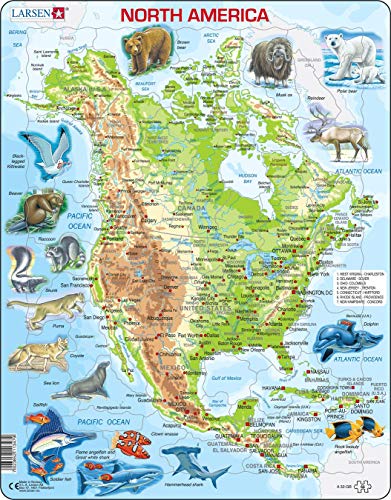 Larsen A32 América del Norte, Mapa físico con Animales, edición en Inglés, Puzzle de Marco con 66 Piezas