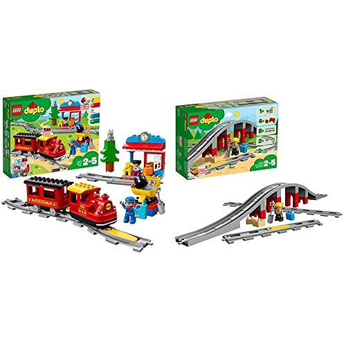 LEGO Duplo Town Tren de Vapor (10874) + Puente y vías ferroviarias (10872), Pack de Juguetes de Construcción Didácticos, Set de Trenes