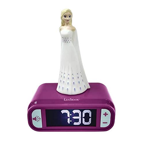 Lexibook- Disney Frozen 2 Elsa-Reloj Despertador con Pantalla LCD Digital y luz de Noche integrada, quitamiedos niña, Multicolor