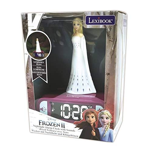 Lexibook- Disney Frozen 2 Elsa-Reloj Despertador con Pantalla LCD Digital y luz de Noche integrada, quitamiedos niña, Multicolor