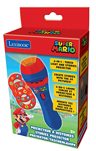 LEXIBOOK- Mario Nintendo Linterna de Bolsillo con proyector 3 Discos and 24 imágenes, Juego para Niños, Azul/Rojo