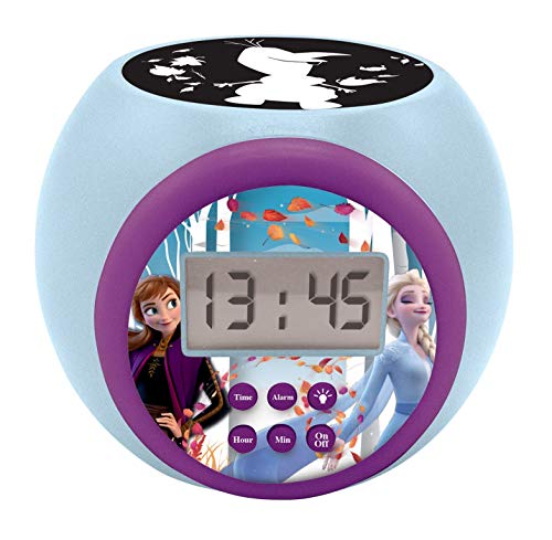 LEXIBOOK Reloj Despertador con proyector Disney Frozen 2 Anna Elsa con función de repetición y Alarma, luz Nocturna con Temporizador, Pantalla LCD, batería, Azul/púrpura, Color