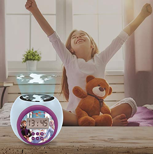 LEXIBOOK Reloj Despertador con proyector Disney Frozen 2 Anna Elsa con función de repetición y Alarma, luz Nocturna con Temporizador, Pantalla LCD, batería, Azul/púrpura, Color