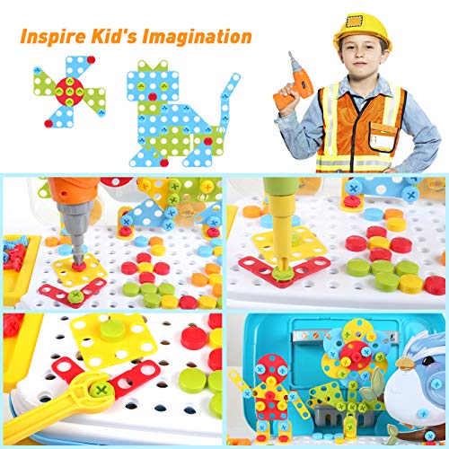 LIHAO 400 Piezas Juguetes Construcción Puzzles 3D Mosaicos para Niños - Juguetes Montessori Rompecabezas Infantil de Tornillos, Pack de Juguetes con Taladro Eléctrico Caja con Ruedas Portátil