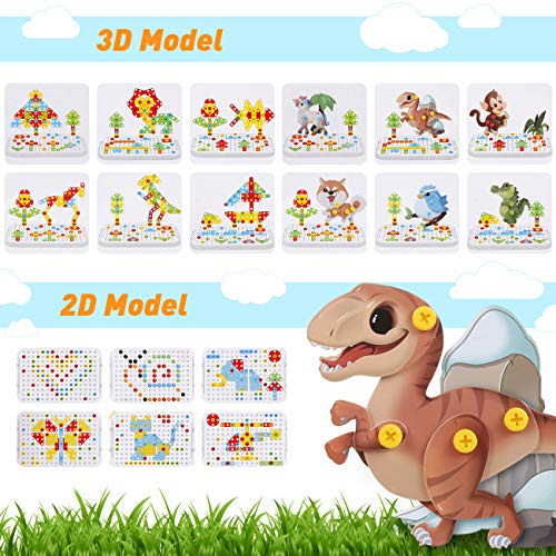 LIHAO 400 Piezas Juguetes Construcción Puzzles 3D Mosaicos para Niños - Juguetes Montessori Rompecabezas Infantil de Tornillos, Pack de Juguetes con Taladro Eléctrico Caja con Ruedas Portátil