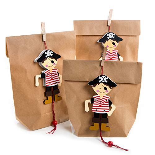 Logbuch-Verlag 3 bolsas de papel de 19 x 29,5 x 7,5 cm + colgante de pirata – Give-Away – Bolsa de regalo para fiestas de cumpleaños infantiles