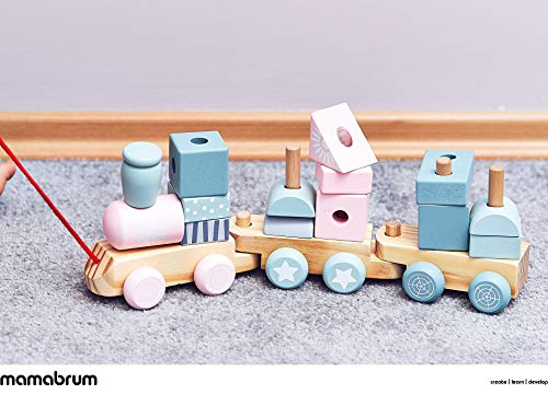Mamabrum Tren de Madera para Niños - Juguete para Bebés a Partir de 1 Año - Juego de Arrastre para Bebé - 3 Vagones con Bloques de Construcción para Bebés y Niños - Juguete Educativo