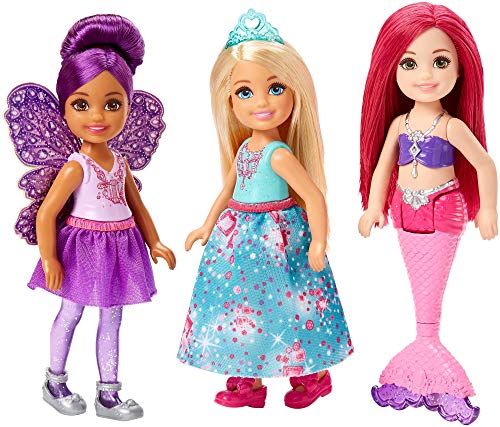 Mattel Barbie Dreamtopia-Pack de 3 muñecas Chelsea Sirena, Hada y Princesa, Multicolor FPL86