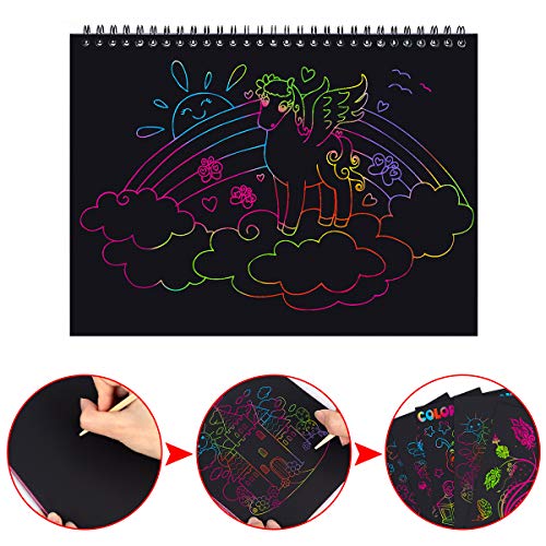 MELLIEX 3 Piezas Scratch Art Paper Notebook, Kit de Manualidades de Papel de Arte de Rascar para Niños Adultos con Regla de Dibujo y Plumas de Madera
